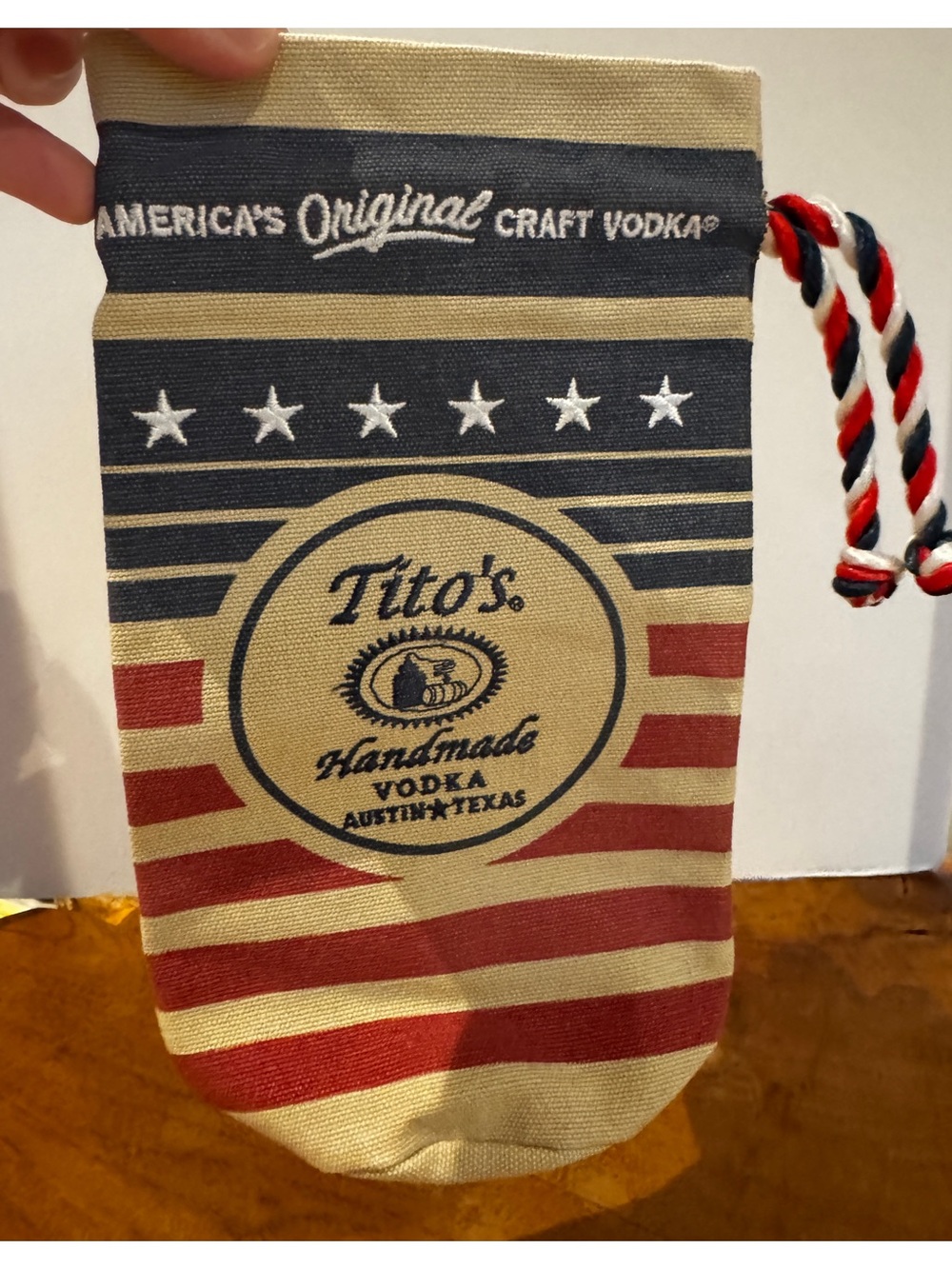 Tito’s Handmade Vodka Bottle Bag Drawstring Red White And Blue Stars And Stripes